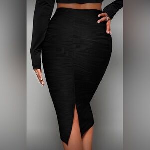 Lune Bodycon Black Textured Pencil Skirt | Back Slit | Elastic Waist | S | NWT